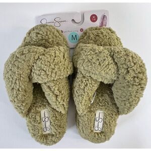 NWT Jessica Simpson Olive Green Fuzzy Slip On Memory Foam Slippers